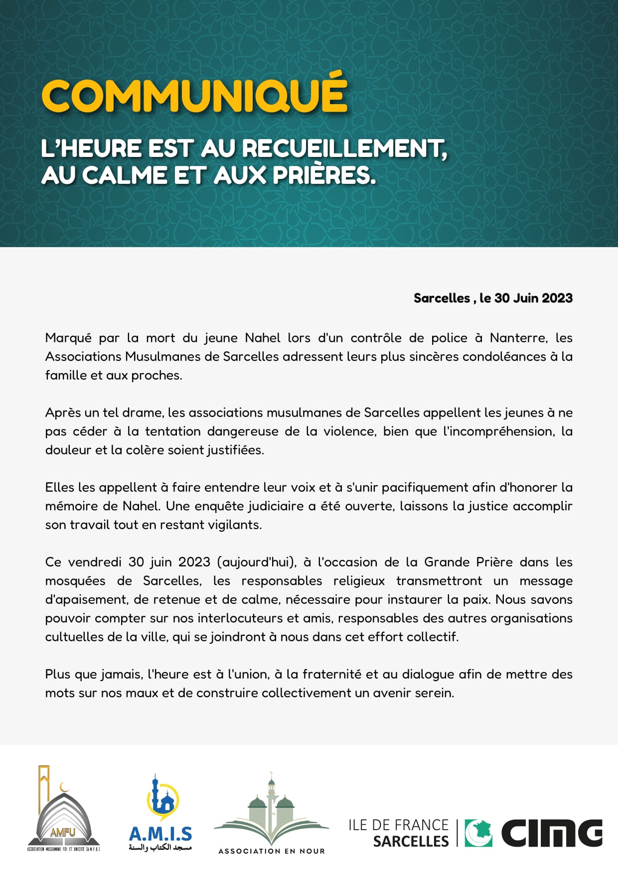 Communiqué des Associations Musulmanes de Sarcelles